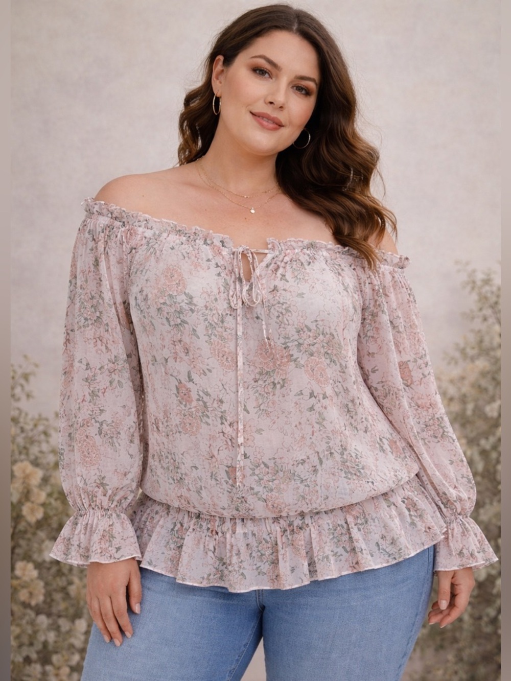 Shein Curve 2XL Floral Off Shoulder Peasant Blouse Sheer Boho Ruffle Top Flowy